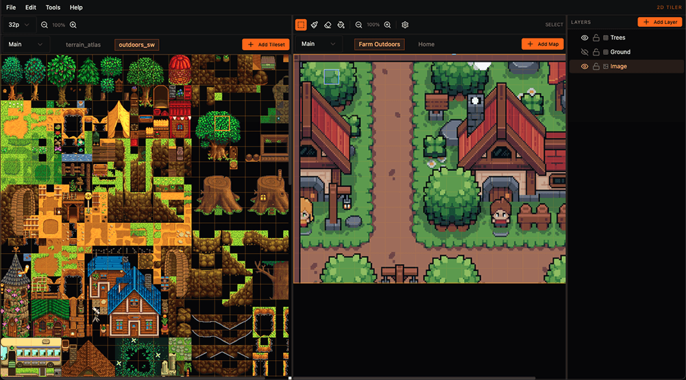 2D Tiler editor showing the map canvas, layers panel, and tileset browser